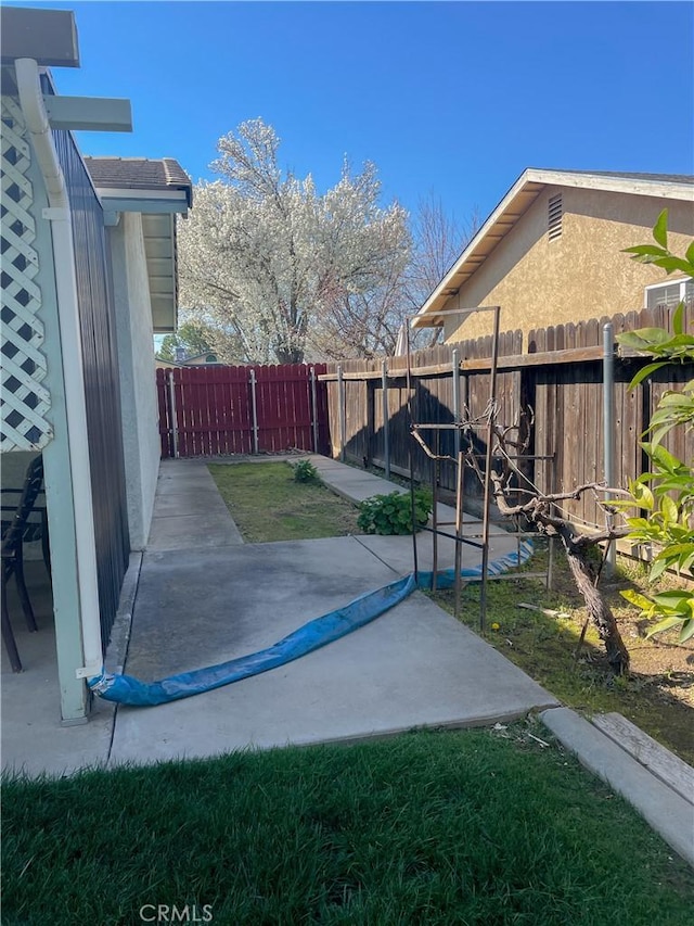 view of yard featuring a patio area and a fenced backyard