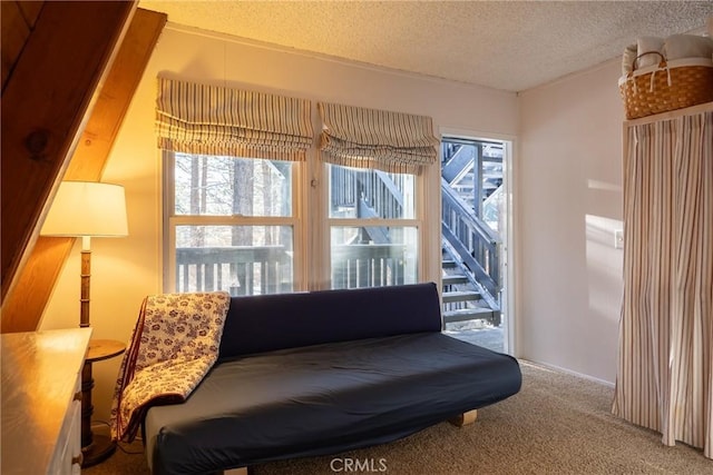 living area featuring carpet floors and a textured ceiling