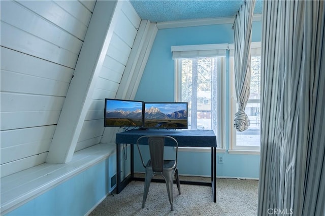 home office featuring carpet flooring and a textured ceiling