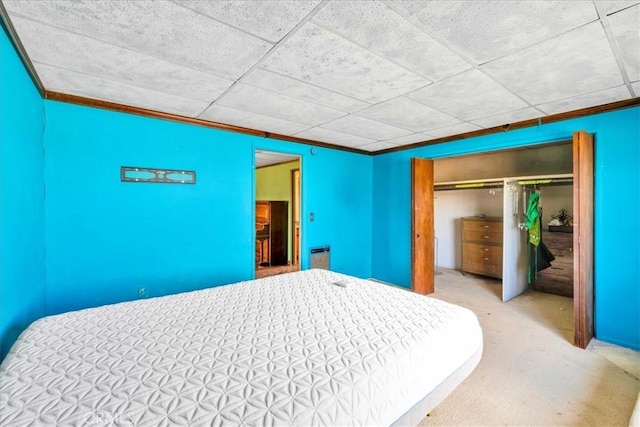 carpeted bedroom featuring a closet and crown molding