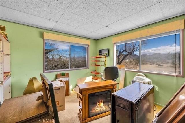 game room featuring carpet floors and a drop ceiling