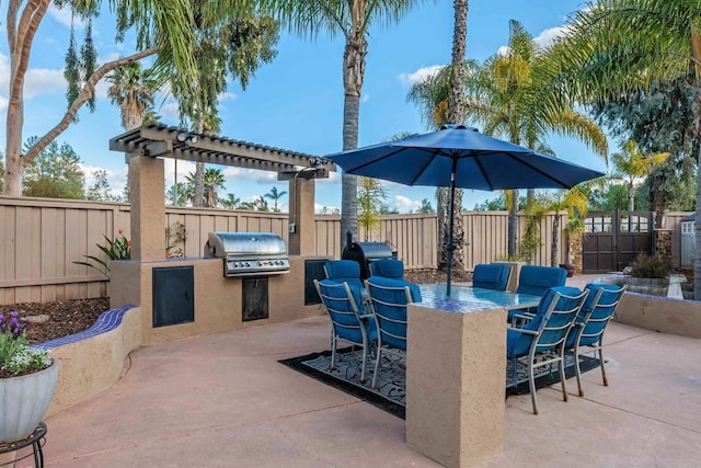 view of patio with area for grilling, a grill, outdoor dining space, and a fenced backyard