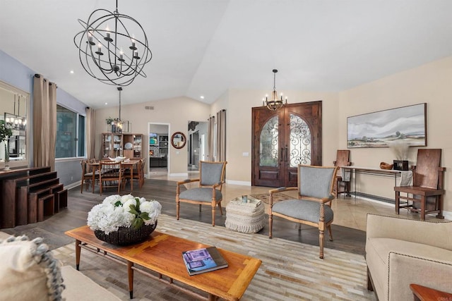 living room featuring visible vents, french doors, an inviting chandelier, baseboards, and vaulted ceiling