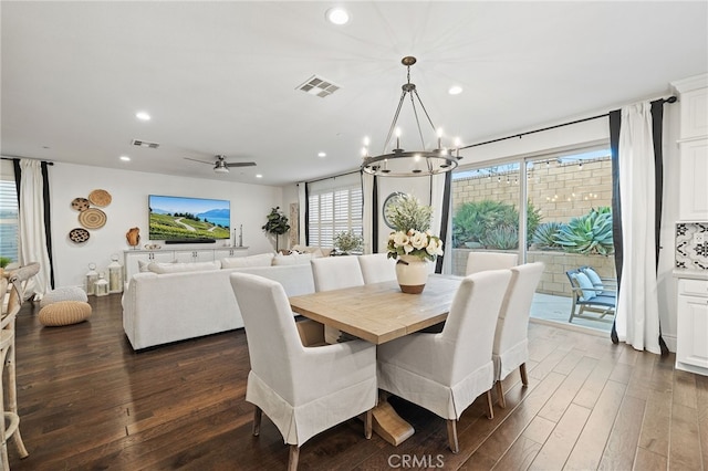 dining space featuring recessed lighting, visible vents, and dark wood-style floors