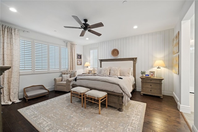 bedroom featuring recessed lighting, baseboards, a ceiling fan, and hardwood / wood-style flooring