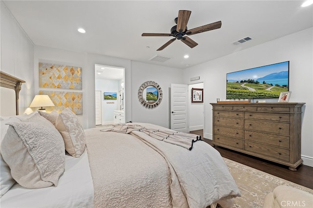 bedroom featuring a ceiling fan, recessed lighting, wood finished floors, and visible vents