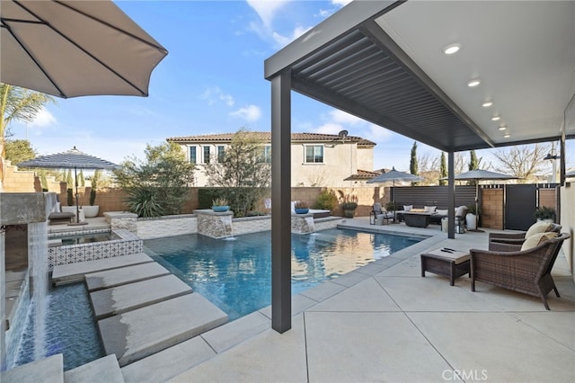 view of pool with a fenced backyard, a fenced in pool, an outdoor hangout area, and a patio