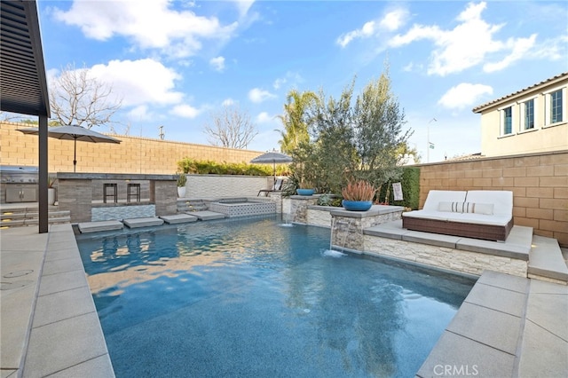 view of swimming pool featuring a fenced in pool, an outdoor hangout area, a fenced backyard, a patio area, and an in ground hot tub