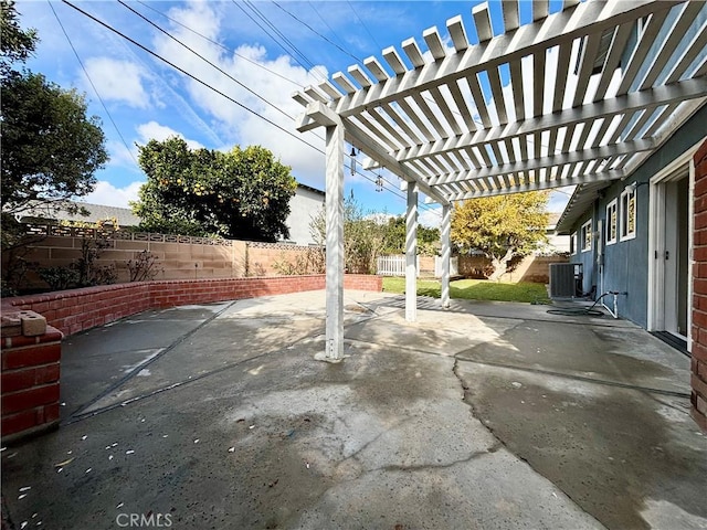 view of patio / terrace with cooling unit, a fenced backyard, and a pergola