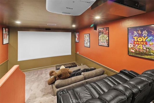 home theater with carpet flooring, recessed lighting, and baseboards