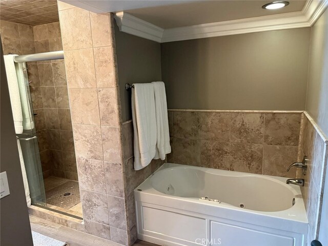 30266 Via Reata, Laguna Niguel, CA 92677 - full bath with crown molding, a stall shower, a tub with jets, and a wainscoted wall