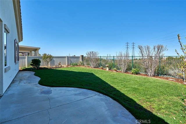 view of yard with a patio area and a fenced backyard