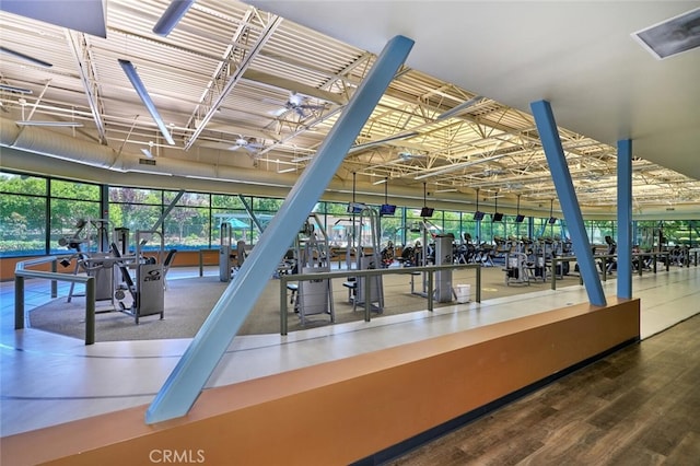 exercise room with wood finished floors