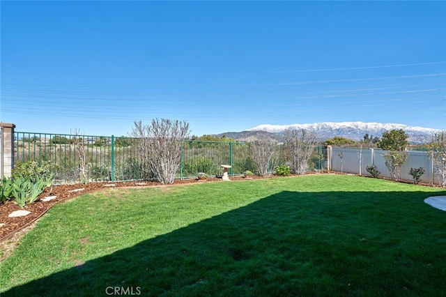 view of yard with a fenced backyard and a mountain view