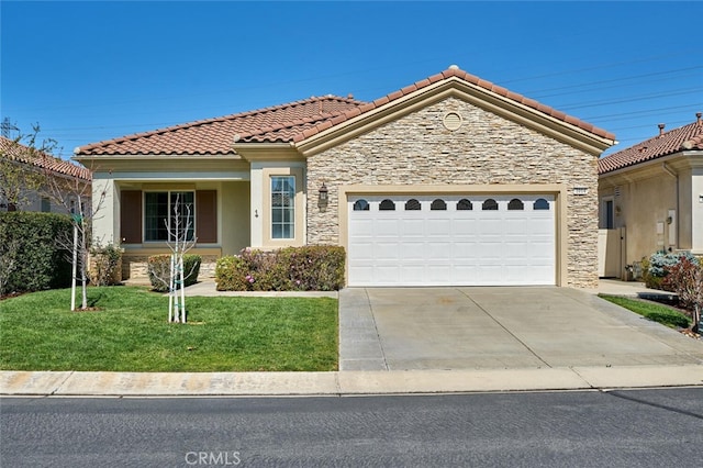 view of front facade featuring an attached garage, stone siding, and a front yard