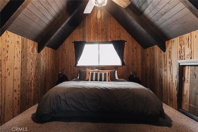 carpeted bedroom featuring vaulted ceiling with beams, wood ceiling, and wood walls