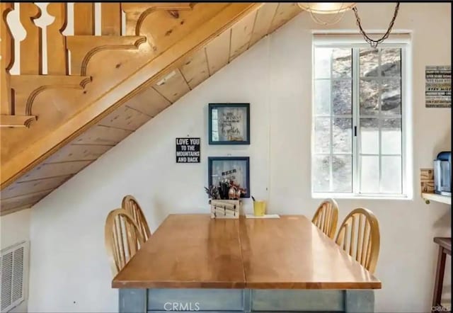 dining room with wood ceiling, visible vents, and vaulted ceiling