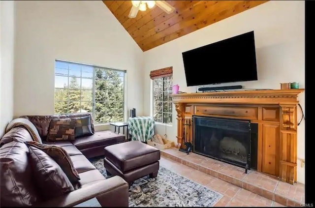 living area featuring a ceiling fan, a brick fireplace, wood ceiling, and high vaulted ceiling