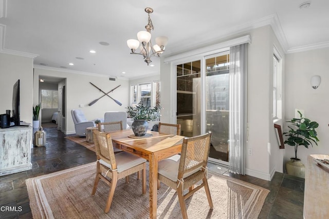 dining space featuring a chandelier, ornamental molding, recessed lighting, and baseboards