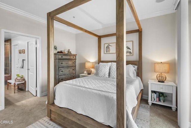 bedroom with carpet and crown molding