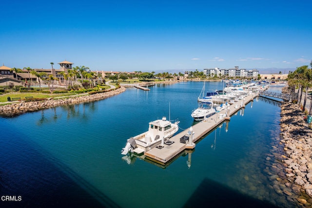 exterior space with a water view