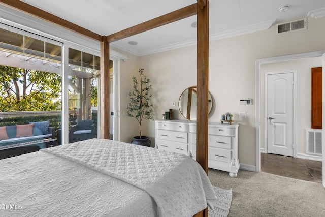 bedroom featuring carpet floors, access to outside, visible vents, and ornamental molding