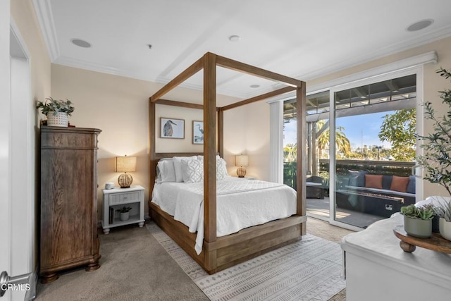 bedroom with light carpet, access to exterior, and crown molding