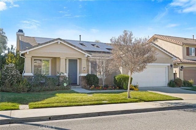 view of front of house featuring driveway, solar panels, stucco siding, a chimney, and a front lawn