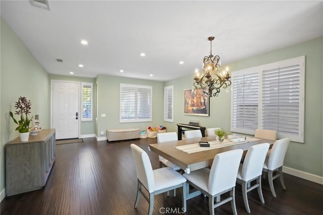 dining room with dark wood-type flooring, recessed lighting, visible vents, and baseboards