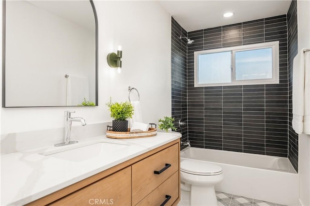 full bath with recessed lighting, vanity, toilet, and shower / tub combination