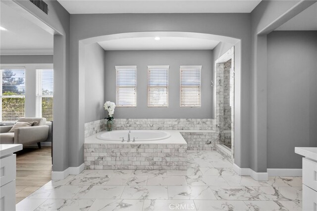 106 Via Sabinas, San Clemente, CA 92673 - full bathroom with vanity, marble finish floors, a shower stall, a bath, and baseboards