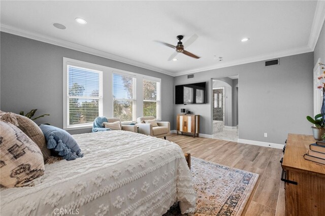106 Via Sabinas, San Clemente, CA 92673 - bedroom featuring ornamental molding, light wood-type flooring, baseboards, recessed lighting, and a ceiling fan