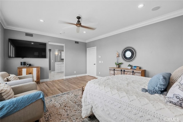 106 Via Sabinas, San Clemente, CA 92673 - bedroom with wood finished floors, ornamental molding, baseboards, recessed lighting, and connected bathroom