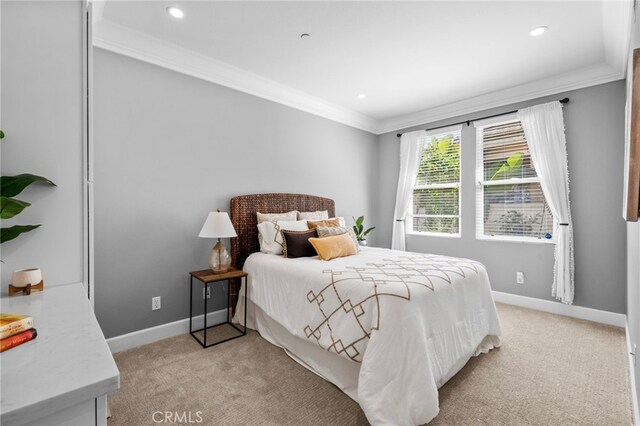 106 Via Sabinas, San Clemente, CA 92673 - bedroom with light carpet, ornamental molding, baseboards, and recessed lighting