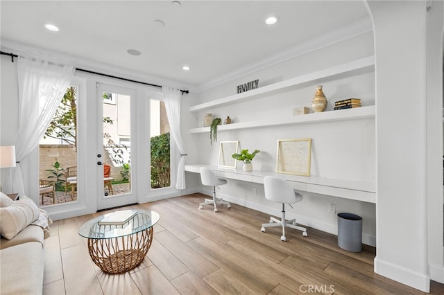 106 Via Sabinas, San Clemente, CA 92673 - living area with crown molding, recessed lighting, wood finished floors, and baseboards