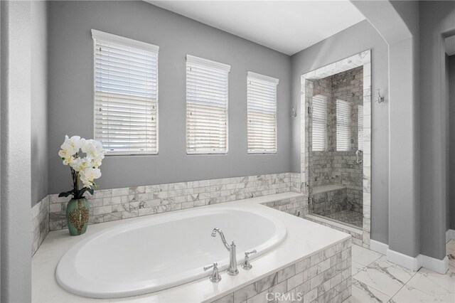 106 Via Sabinas, San Clemente, CA 92673 - full bathroom featuring a stall shower, a bath, and marble look tile flooring