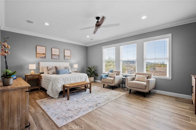 106 Via Sabinas, San Clemente, CA 92673 - bedroom featuring ornamental molding, light wood-type flooring, baseboards, recessed lighting, and ceiling fan