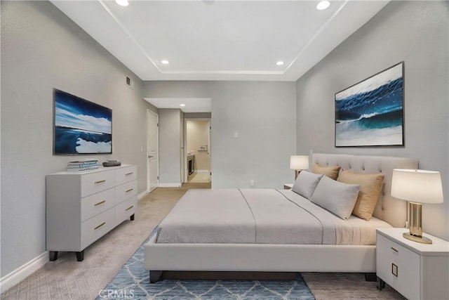 bedroom with recessed lighting, light colored carpet, visible vents, and baseboards