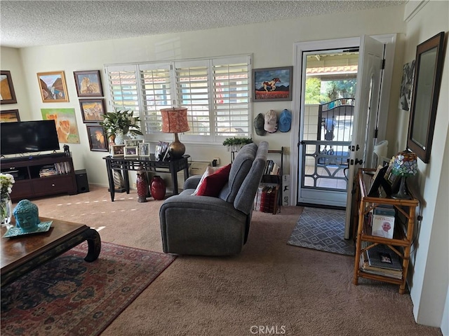 carpeted living area featuring a textured ceiling and a healthy amount of sunlight