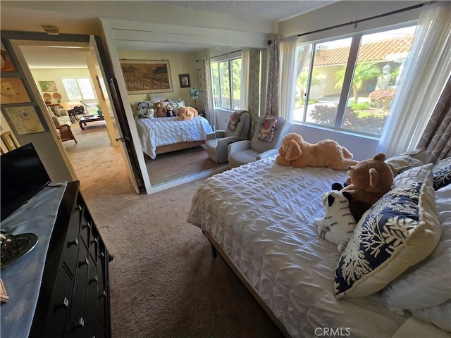 bedroom featuring carpet floors and a textured ceiling