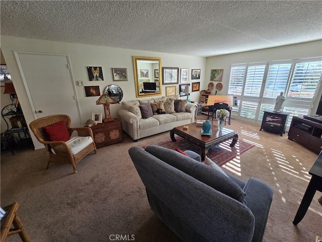 carpeted living room with a textured ceiling