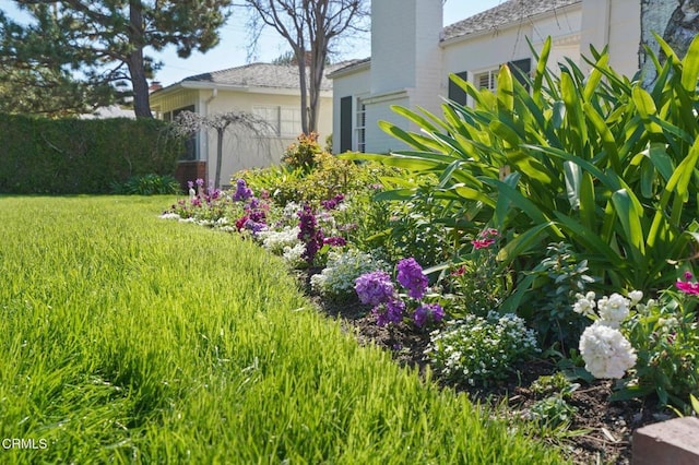 view of yard with a garage and fence