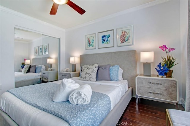 bedroom featuring ornamental molding, a closet, dark wood finished floors, and a ceiling fan