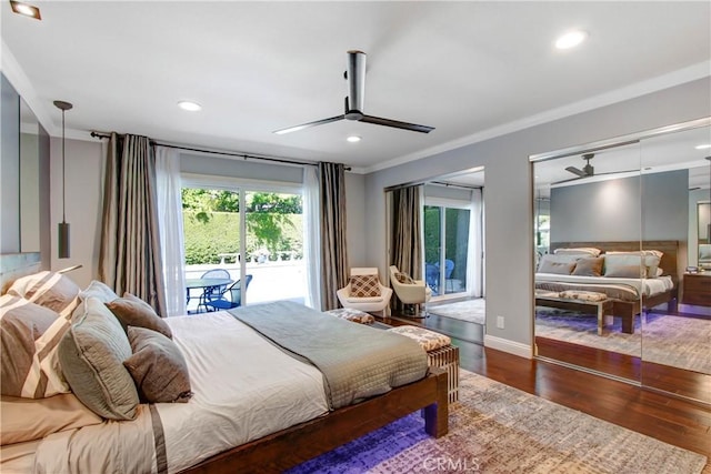 bedroom with access to exterior, recessed lighting, crown molding, and wood finished floors