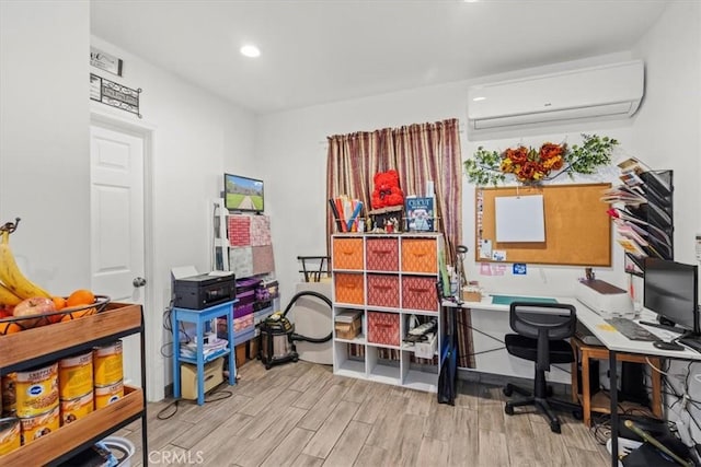 office area with recessed lighting, an AC wall unit, and wood finished floors