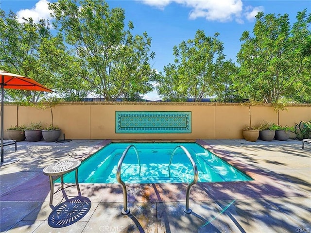 view of swimming pool with fence and a patio area