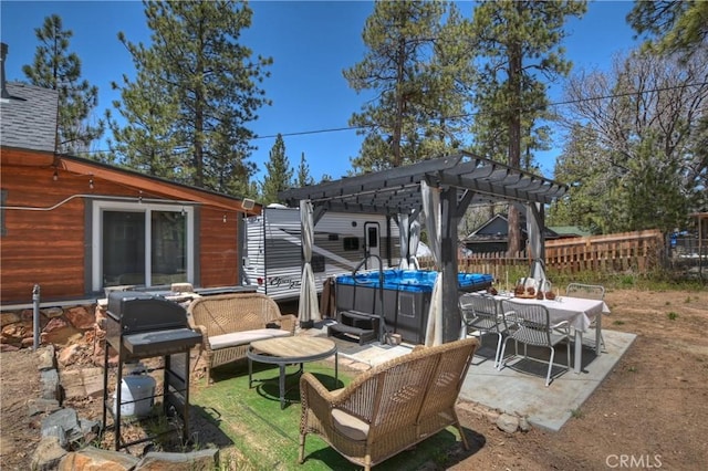 view of patio featuring a fenced in pool, area for grilling, fence, a pergola, and an outdoor living space