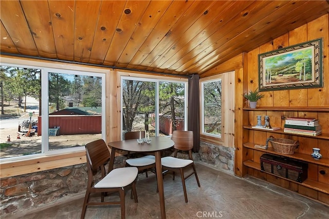 dining space featuring lofted ceiling, wooden ceiling, and wood walls