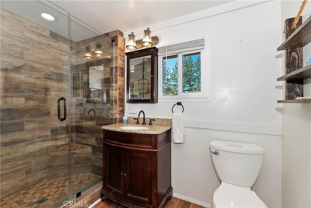 bathroom with toilet, a stall shower, and vanity