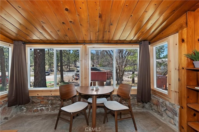 sunroom with wood ceiling, vaulted ceiling, and a wealth of natural light